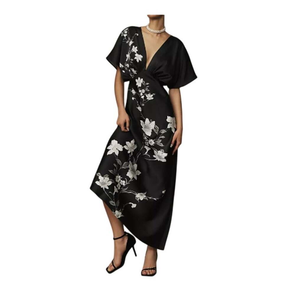 BHLDN Waverly V-neck Satin Maxi Dress Size 8 Medium Black Floral Flutter Sleeves